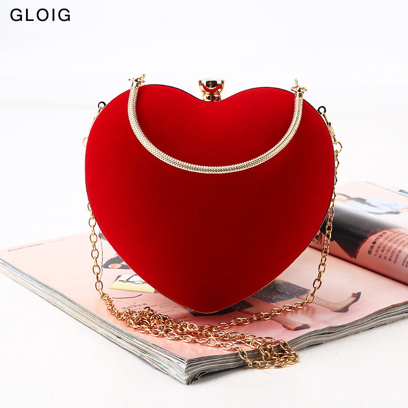 Women Bags Golden - أحمر القلب تصميم المرأة مخلب الماس