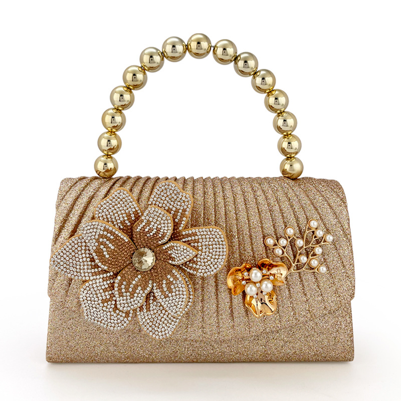 Women Bags Golden - حقيبة عشاء مزينة بزهور ماسية ذهبية